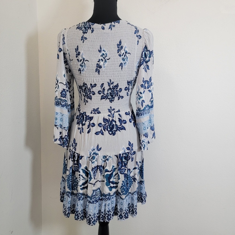 Angie Womens Boho Floral Twist Front Cutout Tiered Mini Dress Blue White Medium - Picture 2 of 12